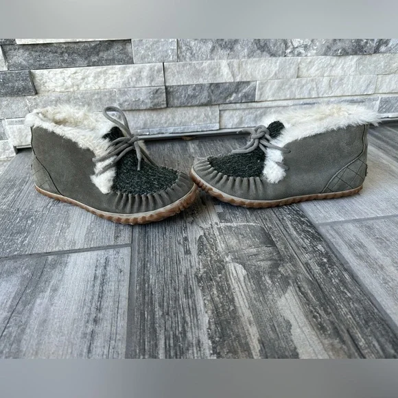 Sorel Out N About Moc Olive Green Suede & Fabric Shearling Lined Moccasin Sz 7 - Picture 8 of 13